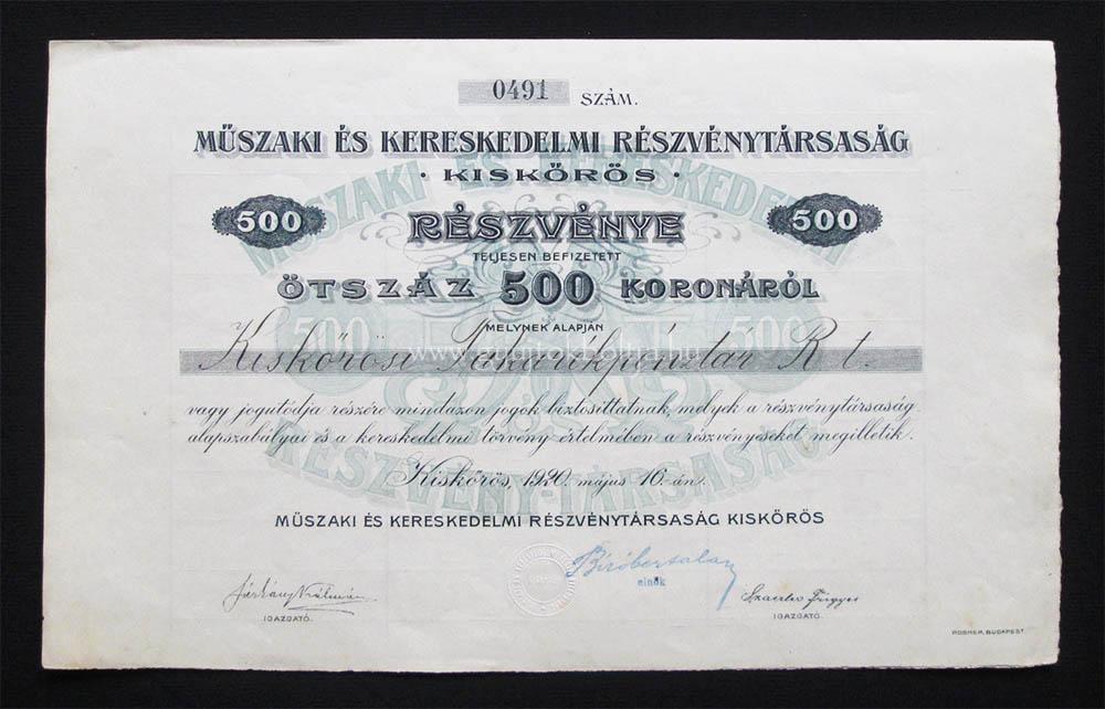 Mszaki s Kereskedelmi rszvny 500 korona 1920 Kiskrs